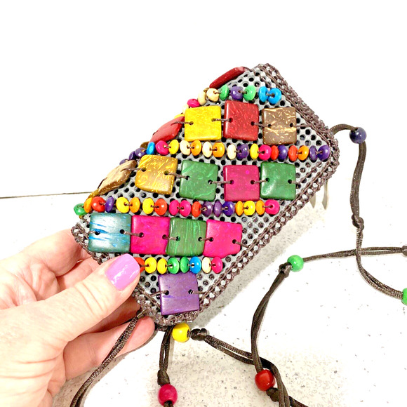 Boho Tribal Beaded Crossbody Bag Mini Purse Wallet Double Zippers Colorful Beads - Picture 7 of 9